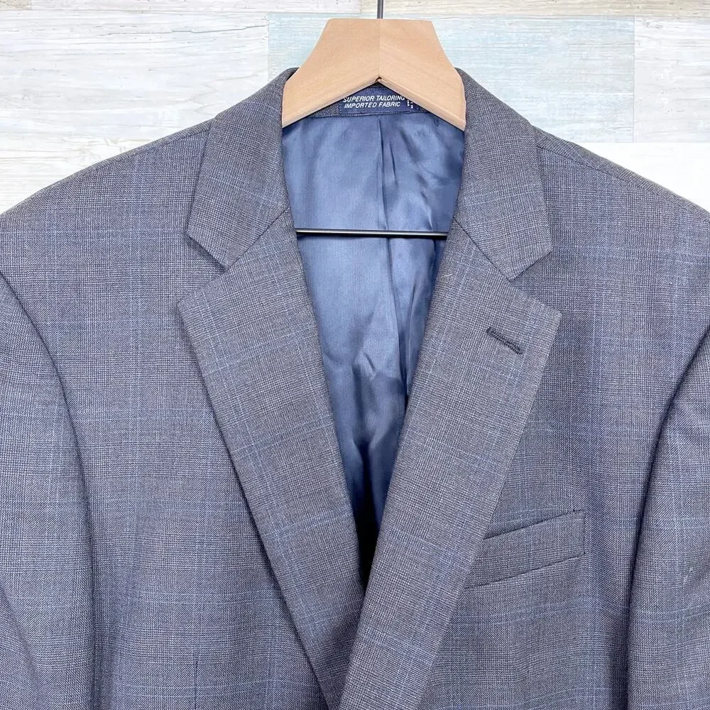 Nautica Wool Windowpane Suit Gray Two Button Mens 42L Jacket 36W Pleated Pants
